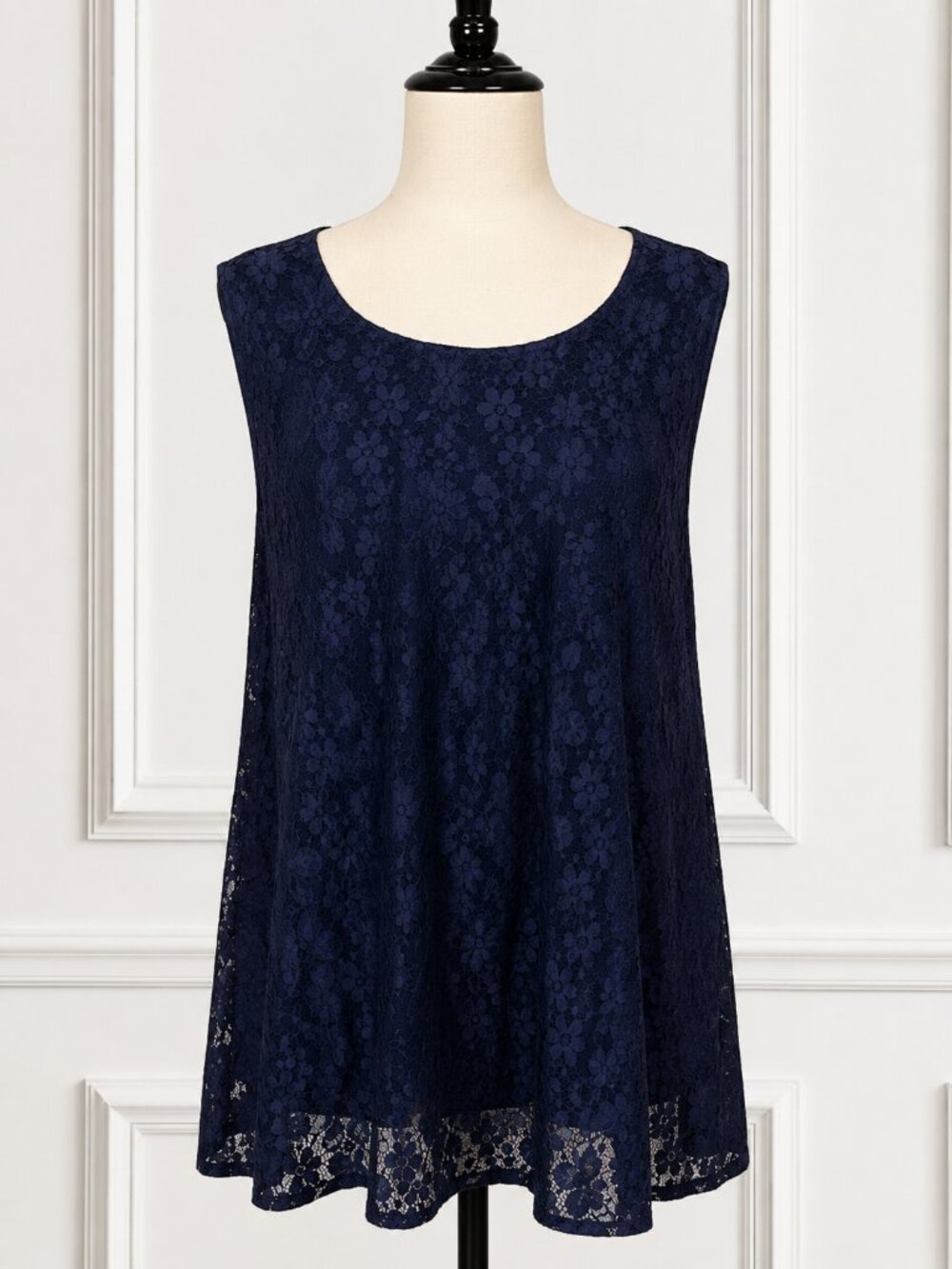 Roz & Ali Navy Blue Floral Lace Sleeveless A-Line Blouse Top Lined, Size Large